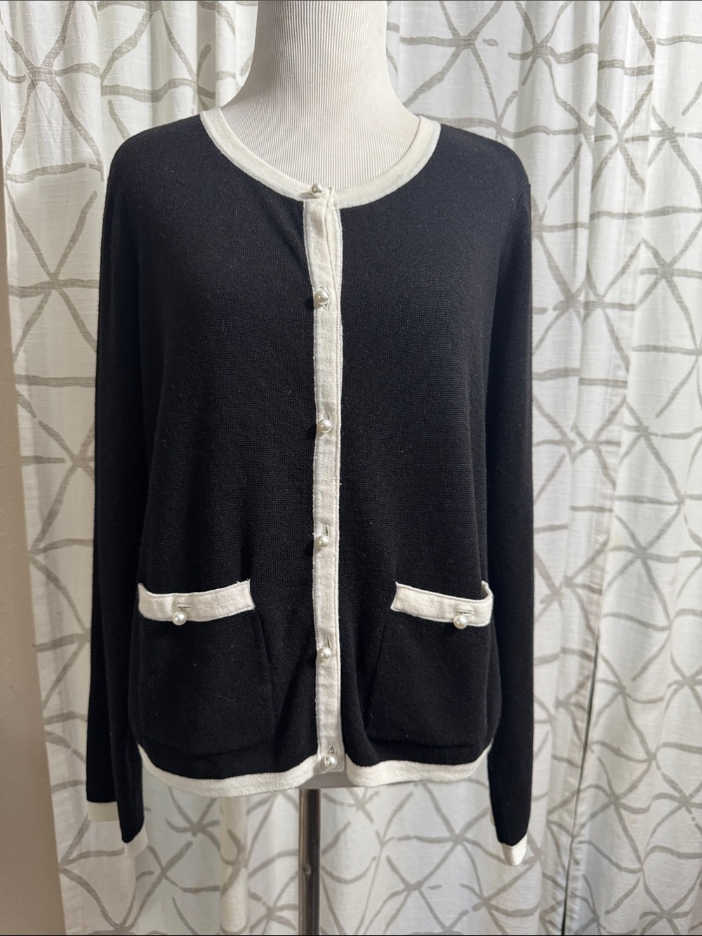White House Black Market Black Cardigan with White Trim and Pearl Buttons
